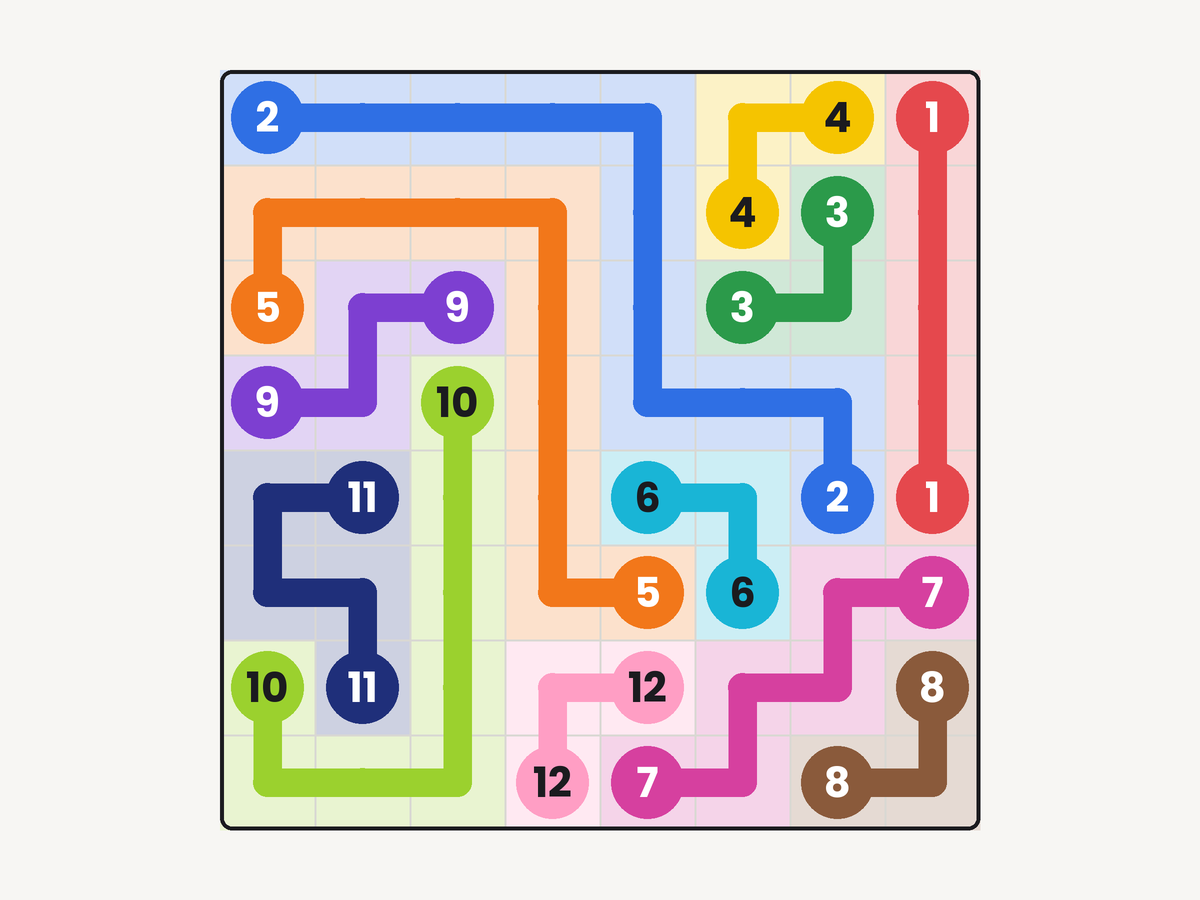 A solved Connect the Numbers puzzle: colored lines joining matching numbers