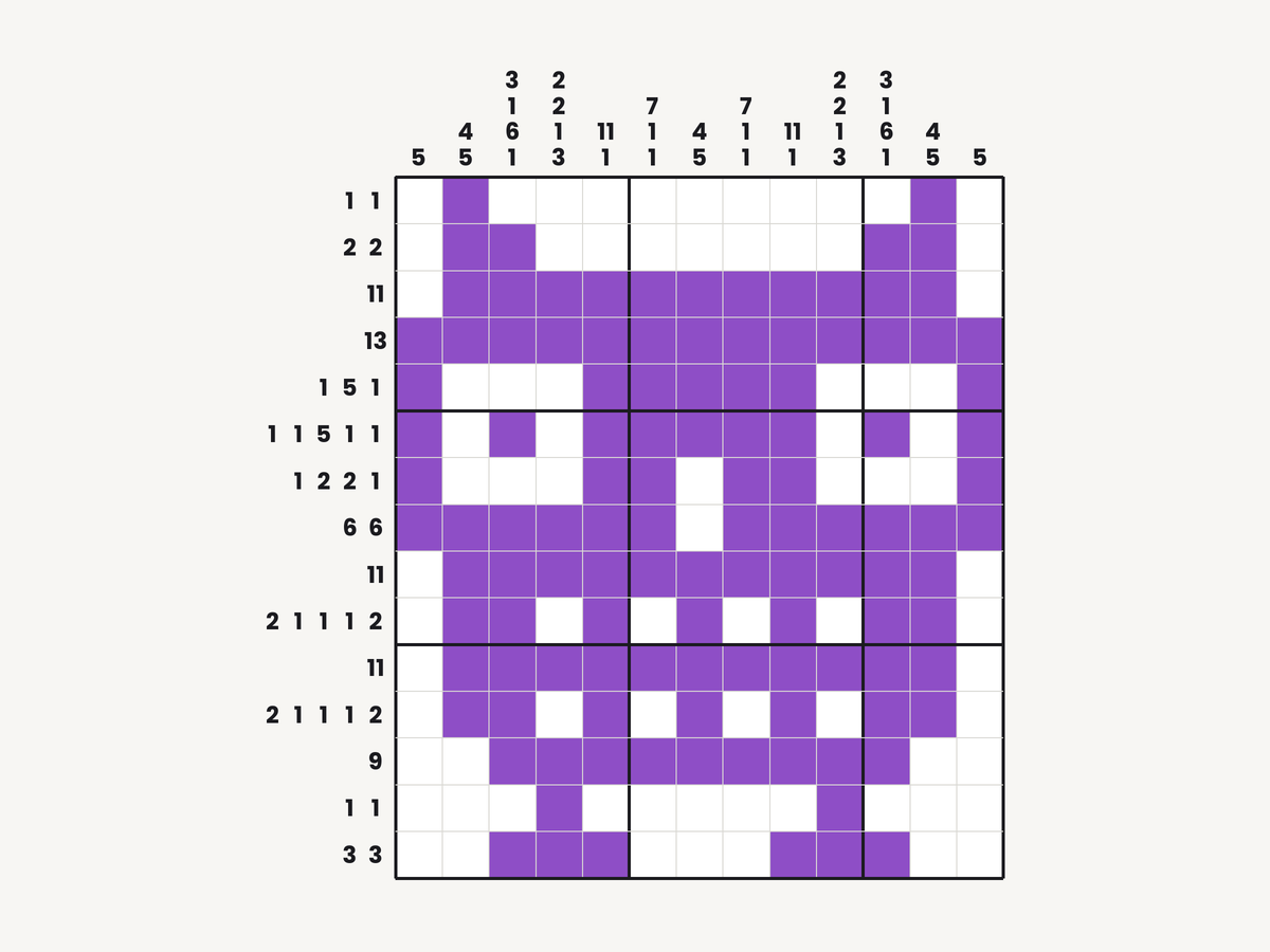 A solved Picture Grids puzzle revealing an owl