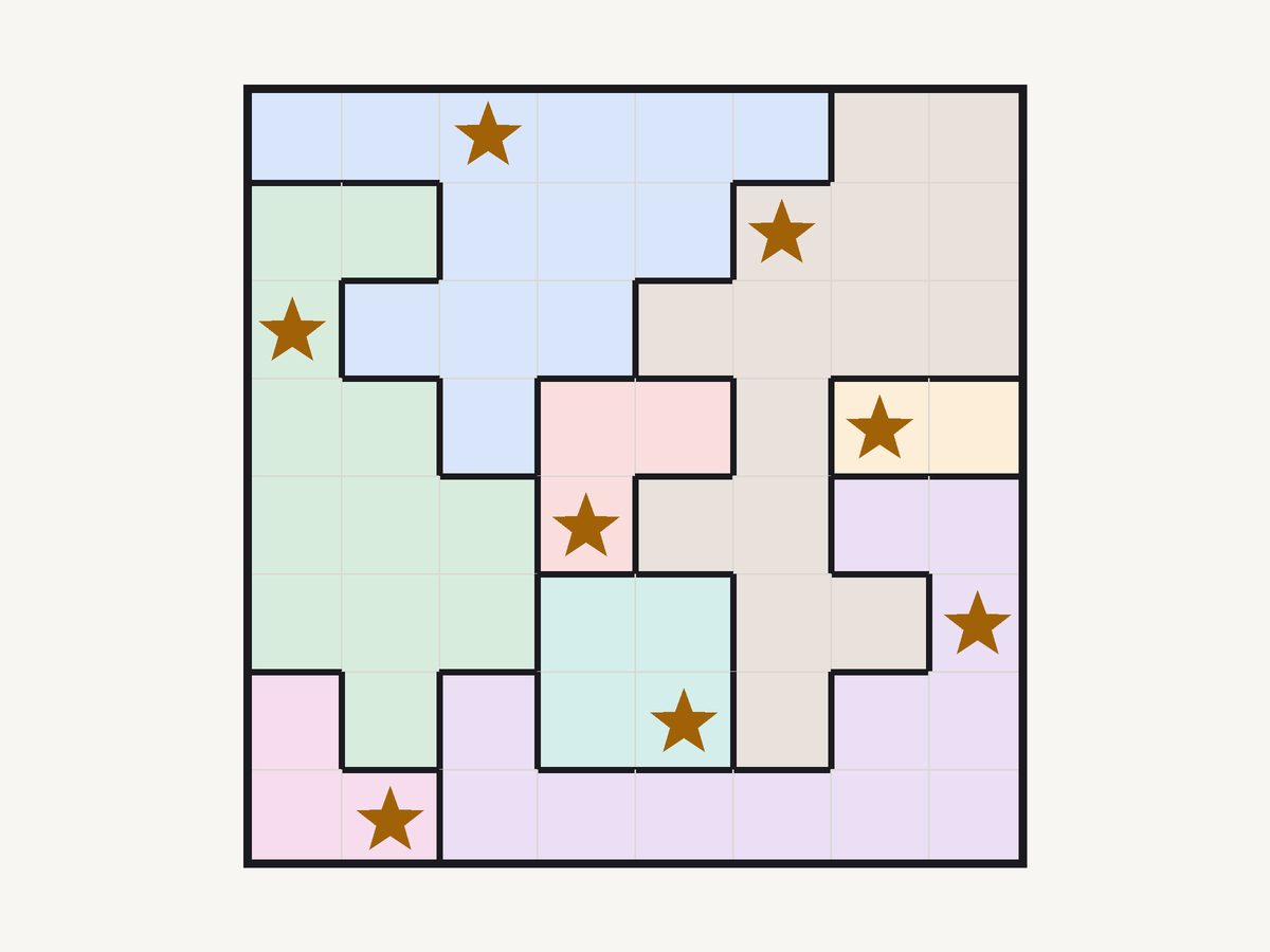 A solved Star Battle puzzle: one star in every row, column and outlined region